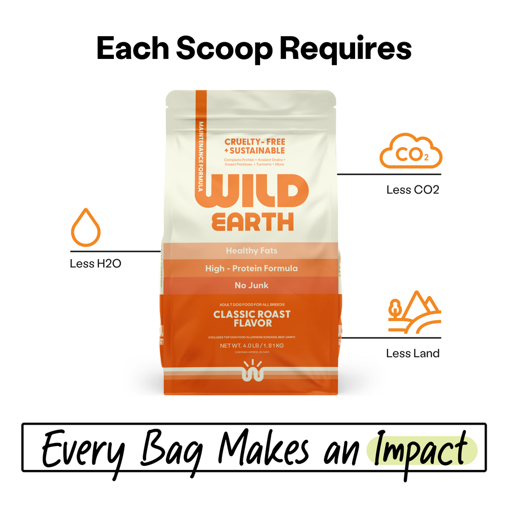 Wild Earth Maintenance Formula plant-based dog food with the list of environmental benefits. 
