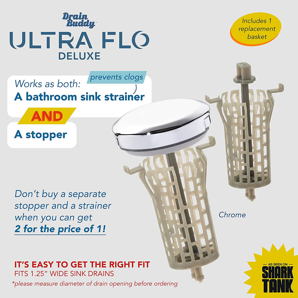 Drain Buddy Ultra Flo Deluxe works as both a bathroom sink strainer and a stopper, as seen on Shark Tank.