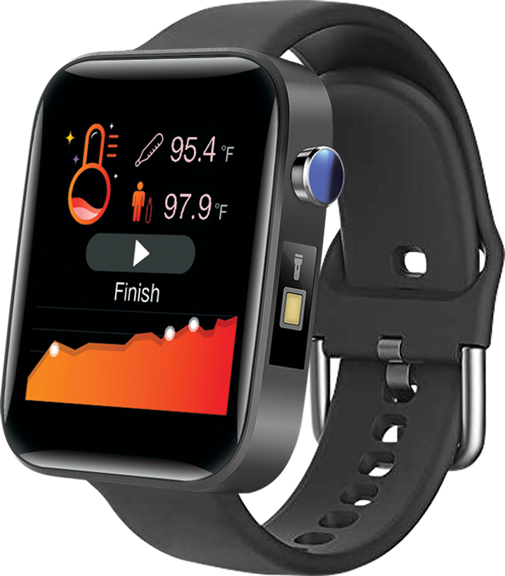 Black smartwatch with a colorful display on a white background