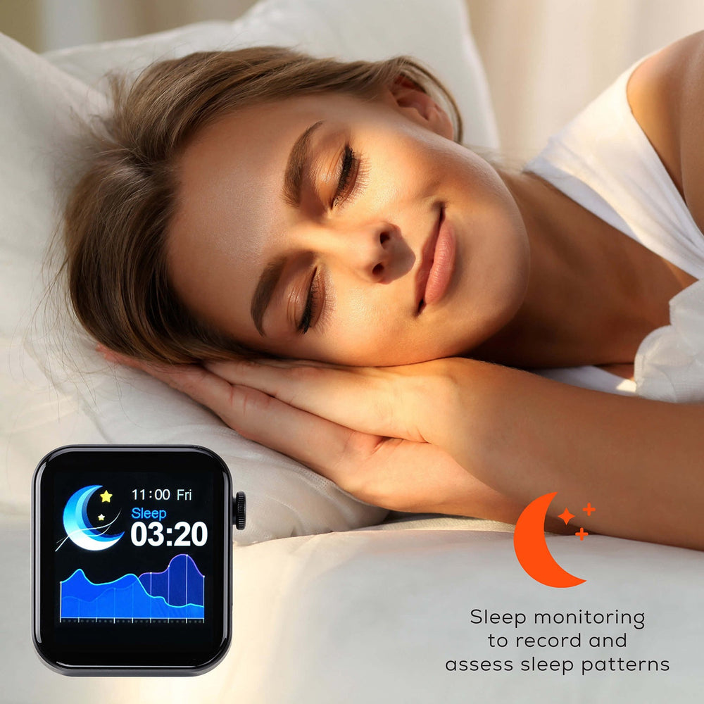 Woman sleeping with a smartwatch displaying sleep monitoring data