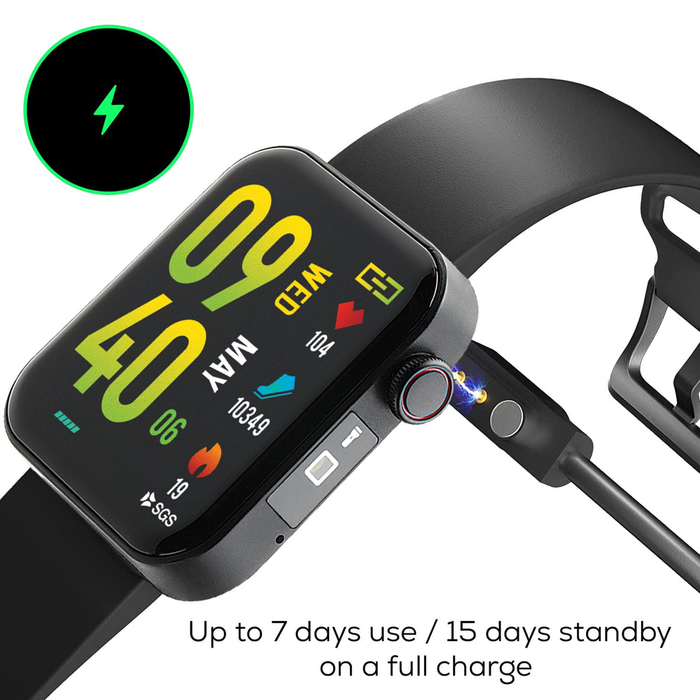 Smartwatch with charging cable, displaying battery life information.