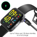 Smartwatch with charging cable, displaying battery life information.