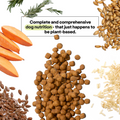 Wild Earth plant-based dog kibble surrounded with fruits and grains. 