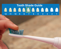 Tooth shade guide chart above a Sonic Pro UV toothbrush with a finger running over the bristles.
